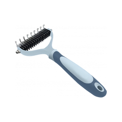 Blå filtkam for hunder og katter med ergonomisk håndtak og rustfrie stålblader for komfortabel pelspleie.