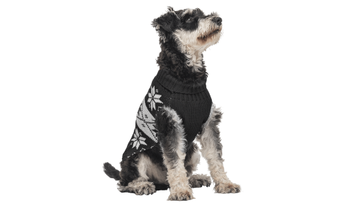 Svart vintergenser til hund med hvitt snøflakmønster, vaskbar, gir varme og festlig stil.