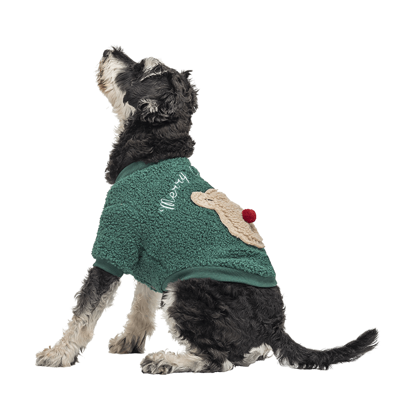 Julevest med Knepping til Hund Grønn julejakke til hund med fluffy bjørnemotiv på ryggen, knappelukking, vaskbar, perfekt for vinter og høst.