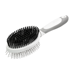 Dobbeltsidig hundebørste med ergonomisk håndtak, myke børstehår og metallpinner for effektiv pelspleie.