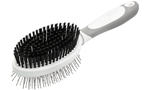 Dobbeltsidig hundebørste Dobbeltsidig hundebørste med ergonomisk håndtak, myke børstehår og metallpinner for effektiv pelspleie.