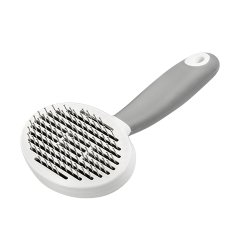 Selvrensende pinnebørste for hunder og katter med fine metallpinner og ergonomisk håndtak for fjerning av løs pels og floker.