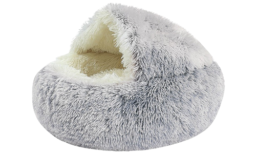 Slipper hundeseng Slippers formet hundeseng i grått med myk, fluffy innside, koselig og lukket plass for hvile.