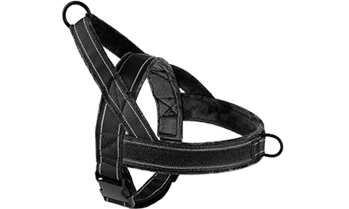 Myk polstret reflekterende hundesele som hindrer at hunden trekker Svart polstret reflekterende hundesele med no-pull-design, forbedret synlighet og justerbare stropper.