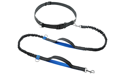 Blå handsfree løpesele til hund, 70-120 cm lang og 2,5 cm bred, justerbart belte og polstrede håndtak.