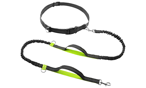 Grønn handsfree løpesele til hund, 70-120 cm lang og 2,5 cm bred, justerbart belte og polstrede håndtak.