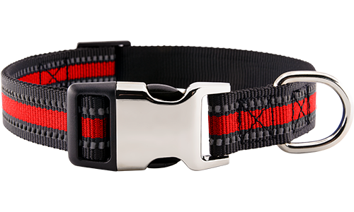 Reflekterende rødt hundehalsbånd med inngravert metallspenne, 40-63 cm langt og 2,5 cm bredt, med D-ringer for båndfeste.
