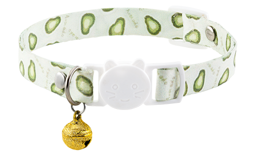 Breakaway kattehalsbånd med kiwi design, justerbart og lett for komfort, med hvit spenne og gullbjelle.