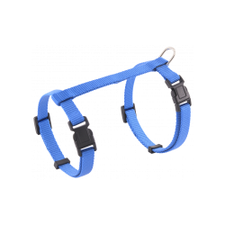 Blå katteharness med justerbare stropper og solid D-ring for båndfesting, gir sikker og komfortabel bruk.