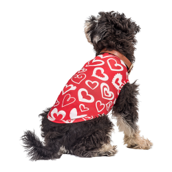 Hund som har på seg en rød Valentinsdagsvest med rød og hvit hjerte, designet som en festlig og stilig hundedrakt.