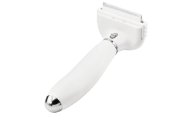 Liten hvit røytekam for hunder med fine metalltenner og håndtak, perfekt for å redusere røyting og fjerne løs pels.