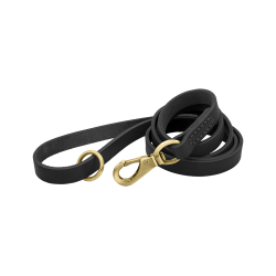 Svart luksuriøst lærbånd til hund, 150 cm langt med gullspenne og ring for slitestyrke og komfort.