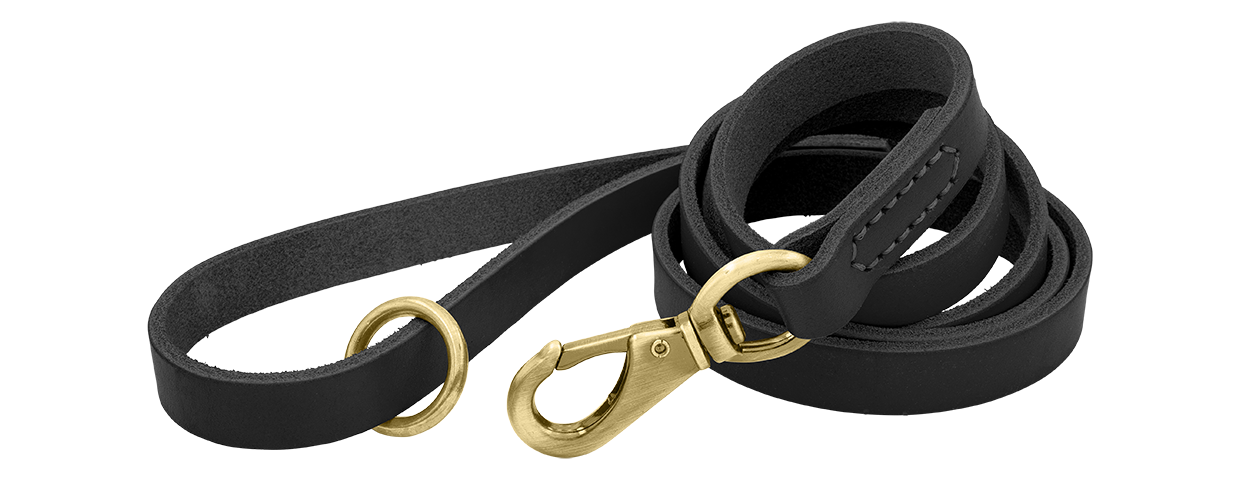 Luksuriøst bånd til hun i eke skinn Svart luksuriøst lærbånd til hund, 150 cm langt med gullspenne og ring for slitestyrke og komfort.