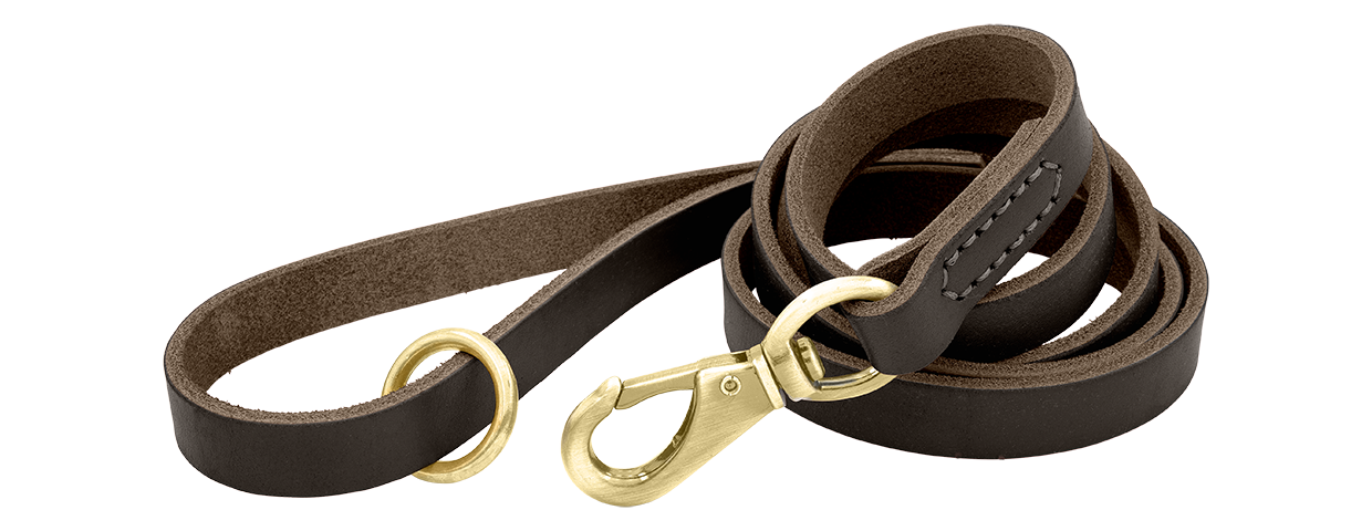 Luksuriøst bånd til hun i eke skinn Brunt luksuriøst lærbånd til hund, 150 cm langt med gullspenne og ring for slitestyrke og komfort.