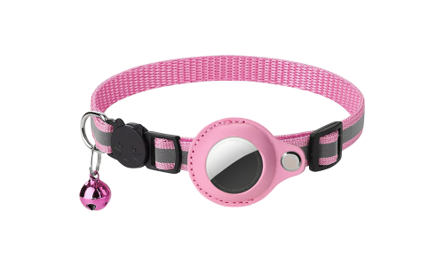 Reflekterende rosa kattehalsbånd med AirTag-holder, justerbart og lett for komfort, med rosa bjelle.