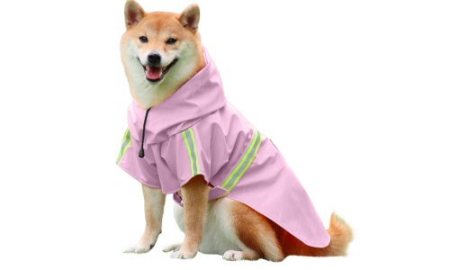 Shiba Inu i vanntett rosa regnfrakk med reflekterende striper, lett å ta på og av, for regnvandringer.