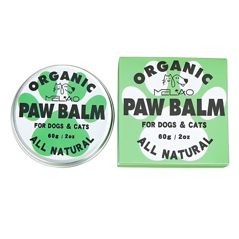 Økologisk Potebalsam for Hunder og Katter Grønn og hvit boks med økologisk, helt naturlig potebalsam for hunder og katter, 60g, for å berolige og beskytte poteputer.