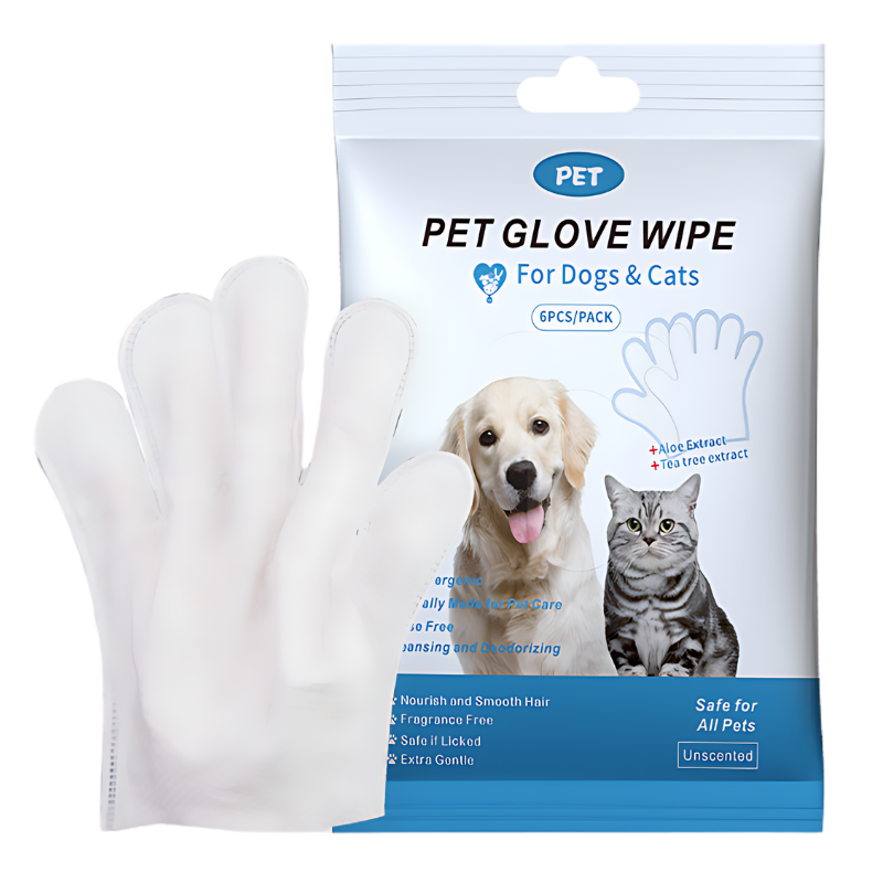 Hypoallergene Renseservietter for Hunder og Katter (6-pk) Pakke med hypoallergeniske pet hanskefløyter for hunder og katter, 6 stk per pakke, for skånsom rengjøring og deodorering.