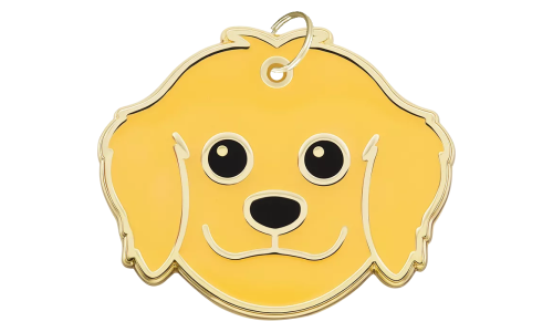 Gravert hundetegn formet som en Golden Retriever med søtt smil, designet for id brikke hund.