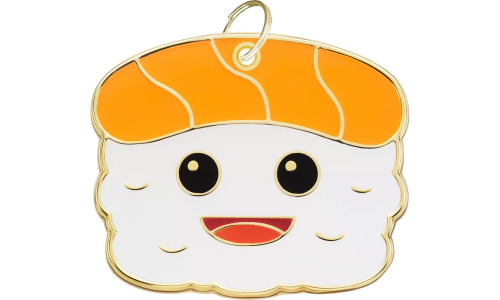 Sushitema hundetegn med smilende ansikt og gullring, tilpasset med personlig inngravert hundenavn.