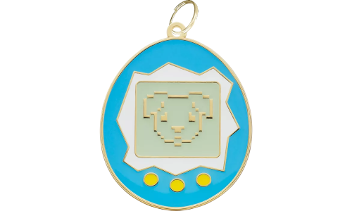Retro Tamagotchi hundetegn med pikselert hundeansikt, gule knapper og gullring, gir nostalgisk sjarm til id brikke hund.