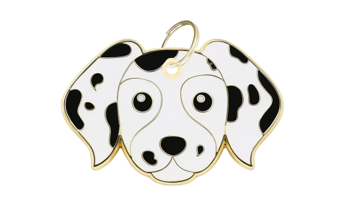 Inngravert id brikke hund formet som en Dalmatian-hund med et smil og gullkant, designet for hunde-ID-merker.
