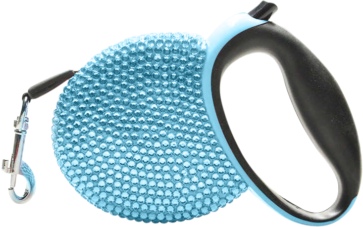 Luksuriøst Uttrekkbart Hundebånd i Rhinestone-design Blå luksus uttrekkbart hundebånd med glitrende rhinsteiner, svart håndtak og slitesterk metallklips, 3 meter langt.