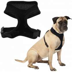 Svart pustende hundesele i mesh, lett design med justerbare stropper og slitesterk klips for komfort.