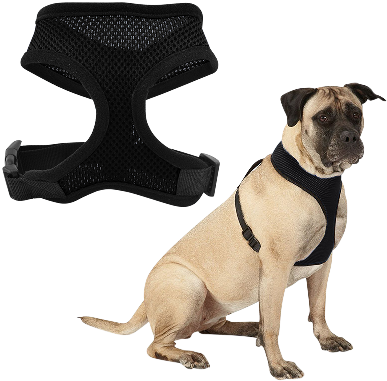 Hundesele Svart pustende hundesele i mesh, lett design med justerbare stropper og slitesterk klips for komfort.