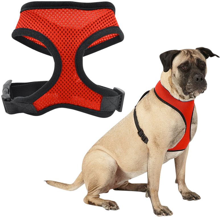 Hundesele Rød pustende hundesele i mesh, lett design med justerbare svarte stropper og slitesterk klips for komfort.