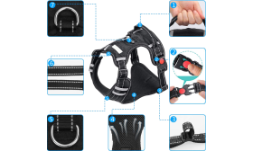 Antitrekk Hundesele Detaljert visning av no-pull hundesele med slitesterke spenner, refleksdetaljer og pustende mesh-materiale.