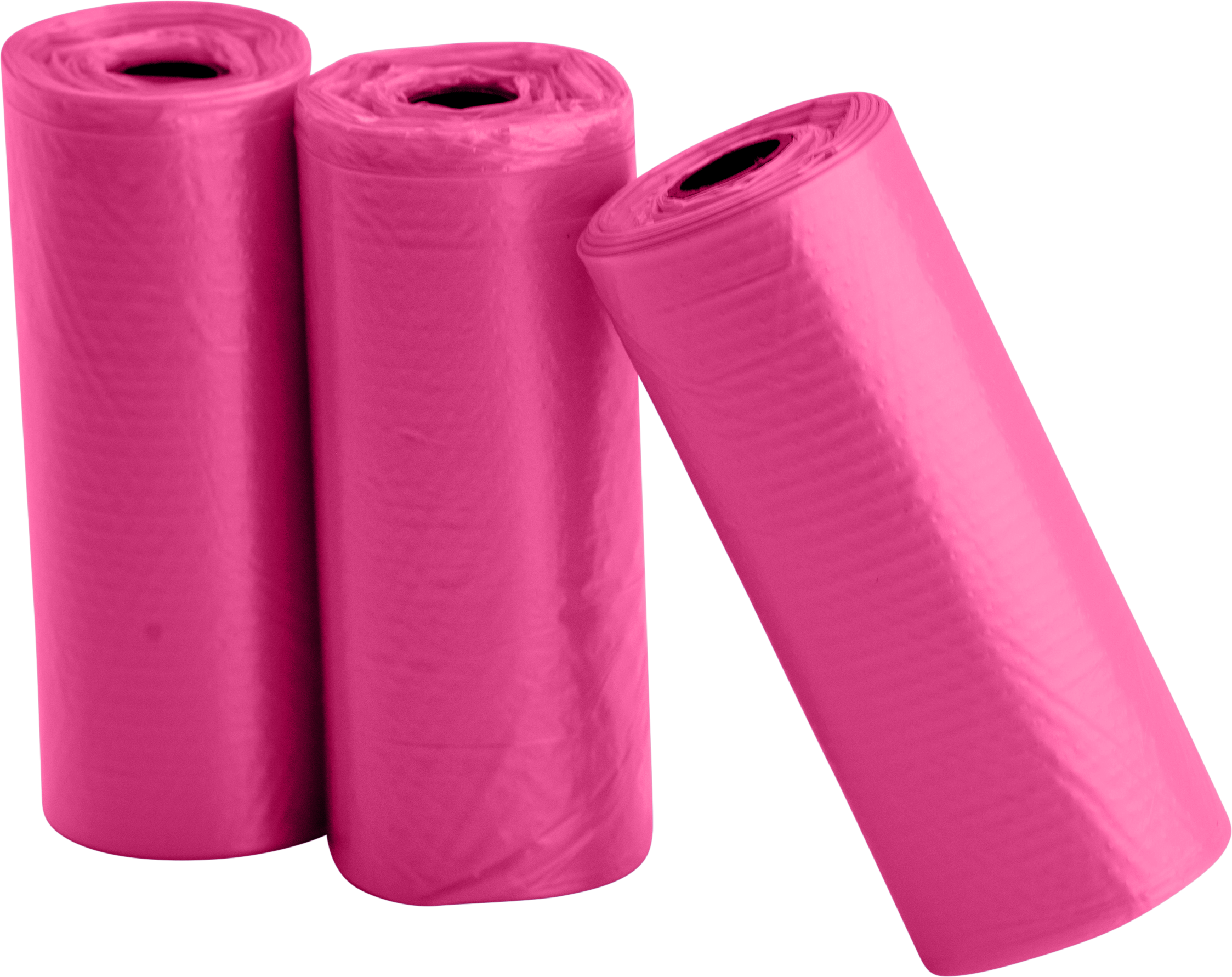 Hundeposer i Resirkulert Plast Tre ruller med 15 rosa hundeposer, slitesterke og lekkasjesikre, perfekte for ren og praktisk avfallshåndtering på tur.