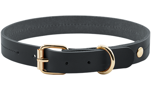 Sort luksuriøst hundehalsbånd i ekte lær, 43-53 cm langt og 3,2 cm bredt, med gullspenne og D-ring.