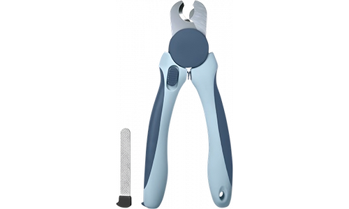 Blå hundeklipper med sikkerhetsbeskyttelse og ergonomiske håndtak, skarpe blader i rustfritt stål for presis trimming.