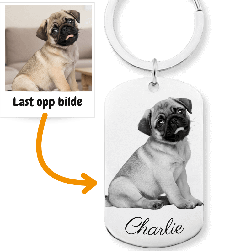 Personlig hundenøkkelring med inngravert kjæledyrfoto og navn